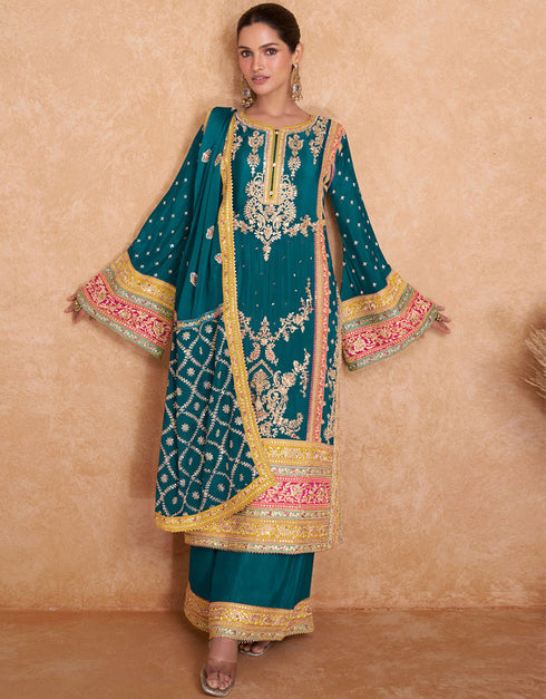 Designer Party Wear Salwar Suit Teal Blue Real Chinon Palazzo Straight Long Front View