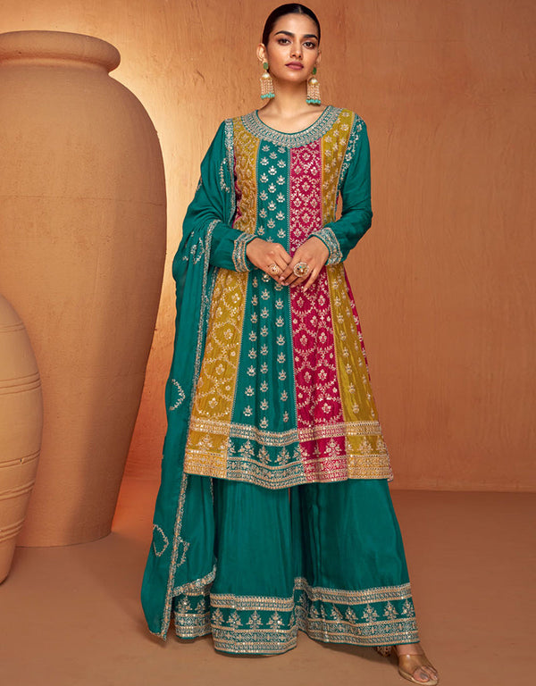 Designer Party Wear Salwar Suit Green Real Chinon Palazzo Suit Front View