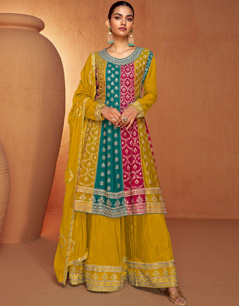 Designer Party Wear Salwar Suit Mustard Real Chinon Palazzo Suit Front View