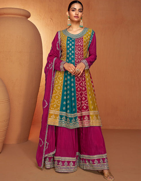 Designer Party Wear Salwar Suit Rani Pink Real Chinon Palazzo Suit Front View