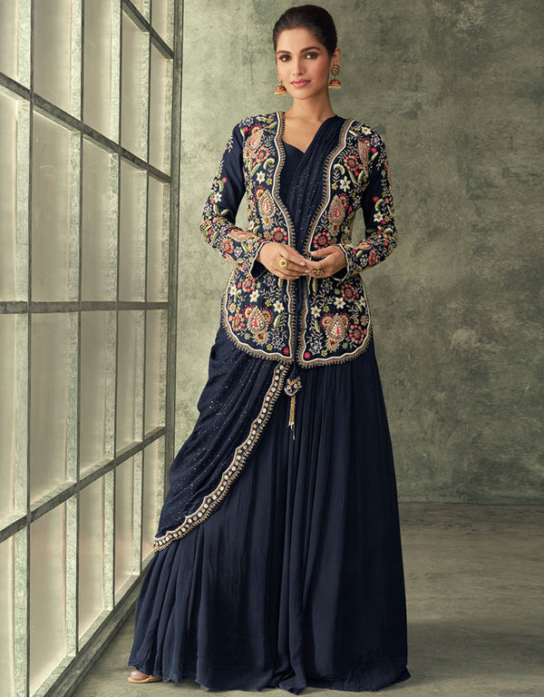 Heavy Designer Wedding Wear Lehenga Choli Navy Blue Real Georgette Lehenga Choli Front View