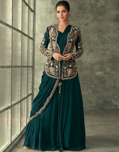 Heavy Designer Wedding Wear Lehenga Choli Teal Green Real Georgette Lehenga Choli Front View