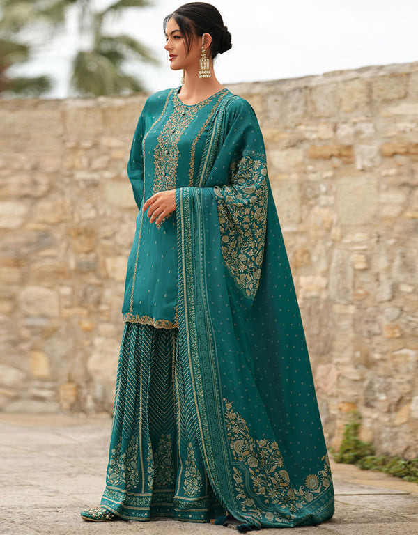 Trendy Designer Party Wear Salwar Suit Rama Green Viscose Georgette Satin Pant Straight Front View