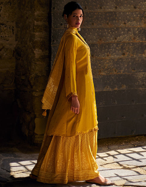 Trendy Designer Party Wear Salwar Suit Yellow Viscose Georgette Satin Pant Straight Front View