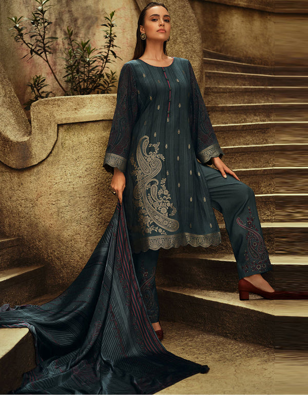 Trendy Designer Party Wear Salwar Suit Stone Blue Silk Pant Straight Front View
