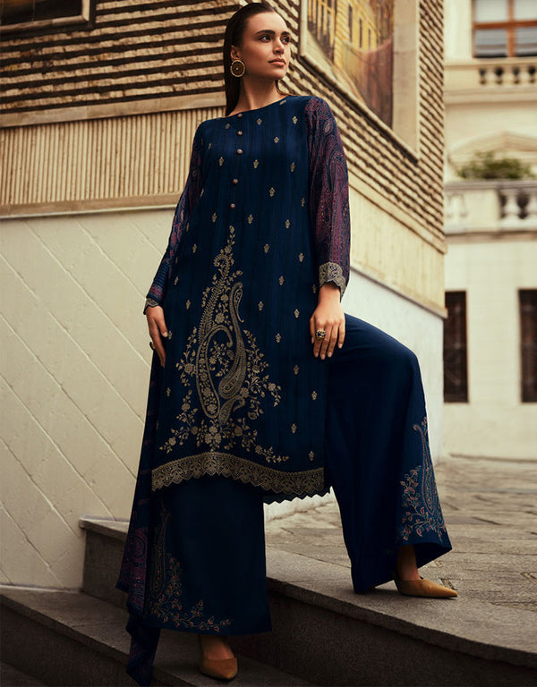 Trendy Designer Party Wear Salwar Suit Navy Blue Silk Pant Straight Front View