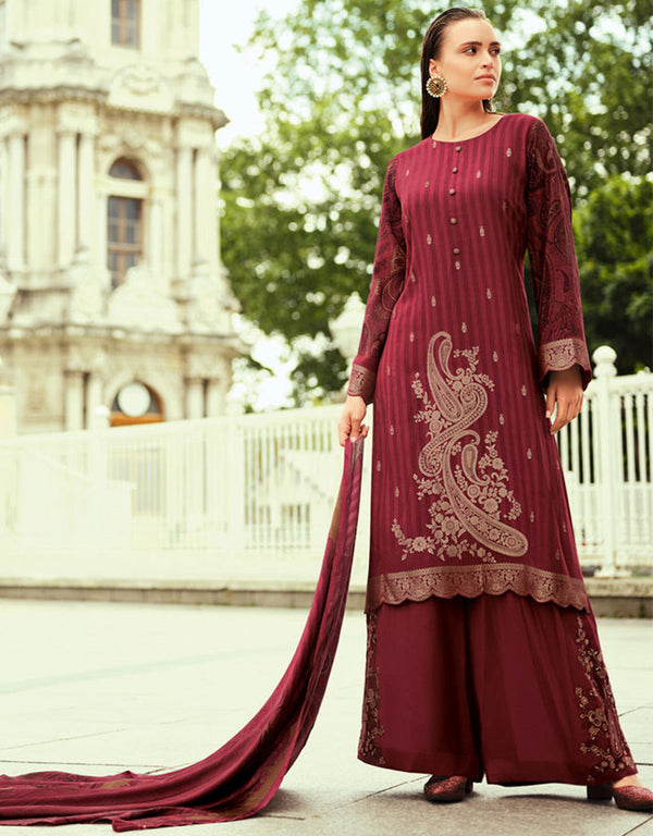 Trendy Designer Party Wear Salwar Suit Maroon Silk Pant Straight Front View