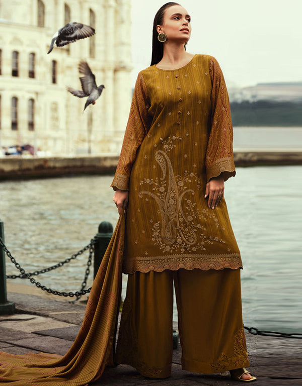 Trendy Designer Party Wear Salwar Suit Mustard Silk Pant Straight Front View
