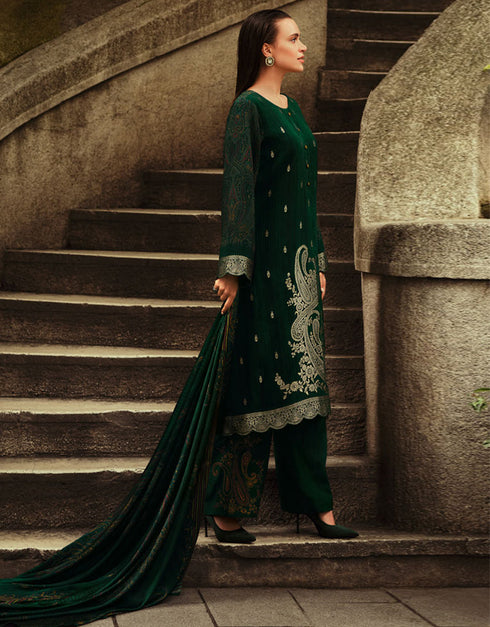 Trendy Designer Party Wear Salwar Suit Green Silk Pant Straight Front View