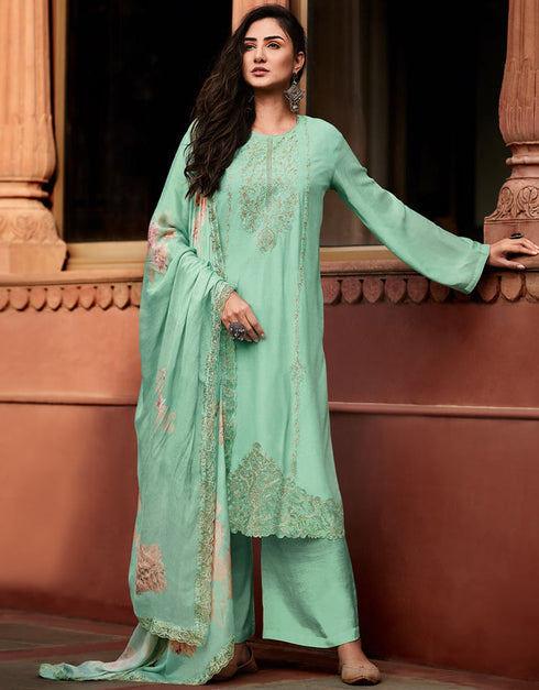 Trendy Designer Party Wear Salwar Suit Sea Green Viscose Maslin Pant Straight Front View