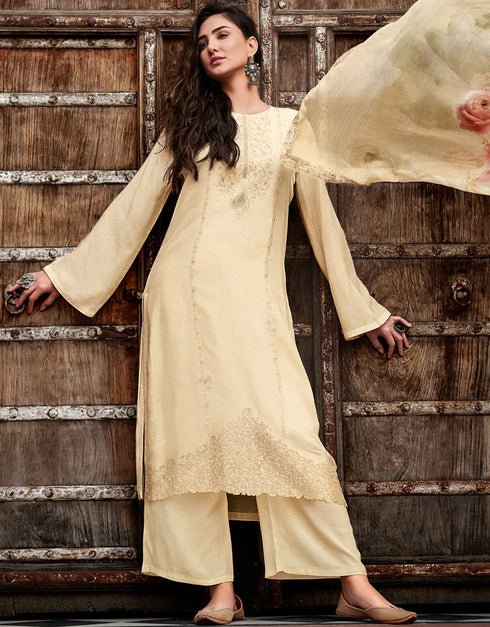Trendy Designer Party Wear Salwar Suit Cream Viscose Maslin Pant Straight Front View