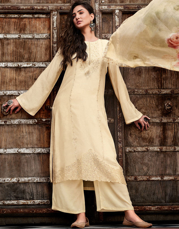 Trendy Designer Party Wear Salwar Suit Cream Viscose Maslin Pant Straight Front View