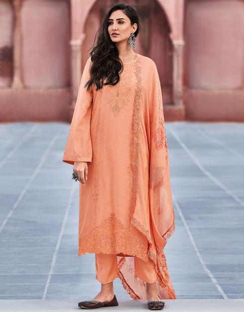 Trendy Designer Party Wear Salwar Suit Salmon Viscose Maslin Pant Straight Front View