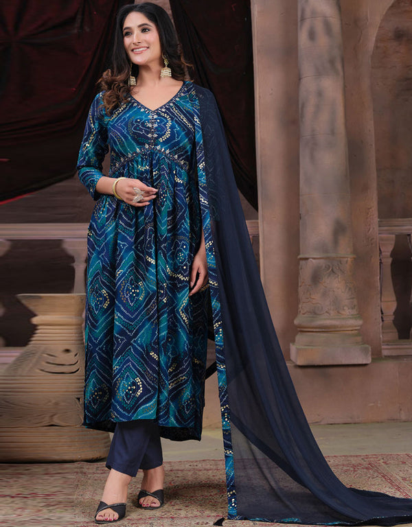 Trendy Alia Cut Designer Party Wear Readymade Salwar Suit Blue Premium Rayon Pant Straight Front View