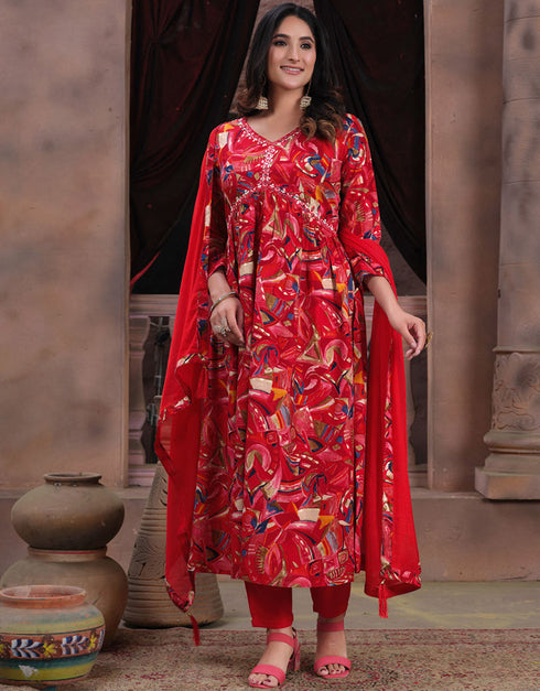 Trendy Alia Cut Designer Party Wear Readymade Salwar Suit Red Premium Rayon Pant Straight Front View