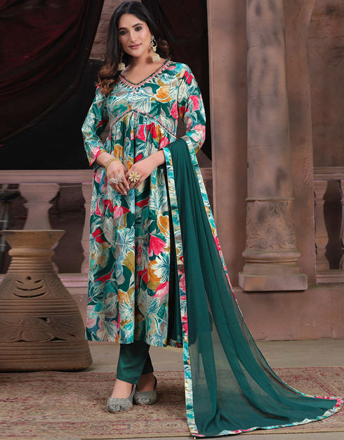 Trendy Alia Cut Designer Party Wear Readymade Salwar Suit Multicolor Premium Rayon Pant Straight Front View