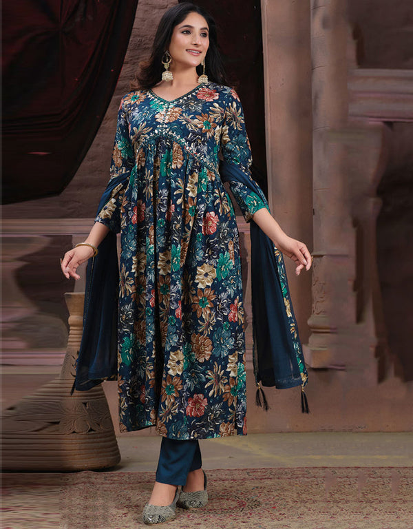 Trendy Alia Cut Designer Party Wear Readymade Salwar Suit Blue Premium Rayon Pant Straight Front View