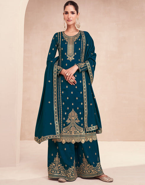 Trendy Designer Party Wear Salwar Suit Teal Blue Premium Silk Palazzo Suit Front View