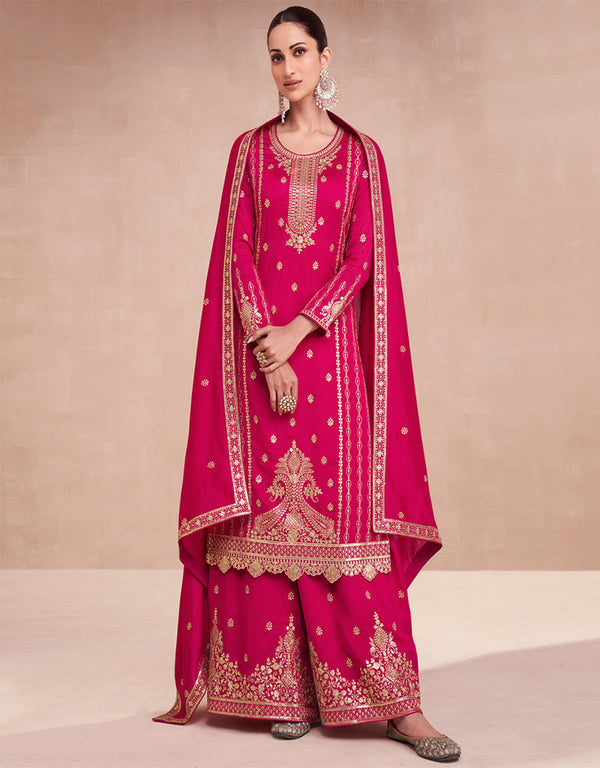 Trendy Designer Party Wear Salwar Suit Rani Pink Premium Silk Palazzo Suit Front View