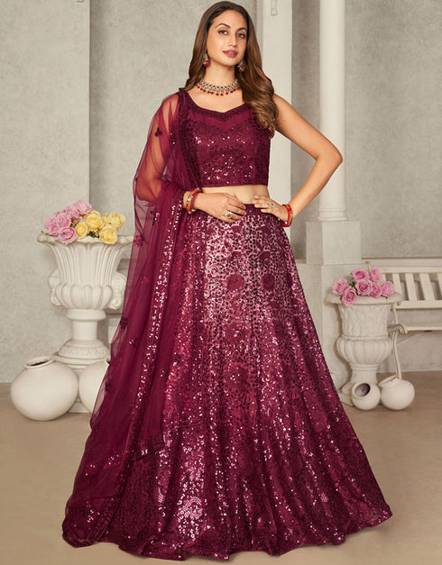 Heavy Designer Wedding Wear Lehenga Choli Maroon Net Lehenga Choli Front View