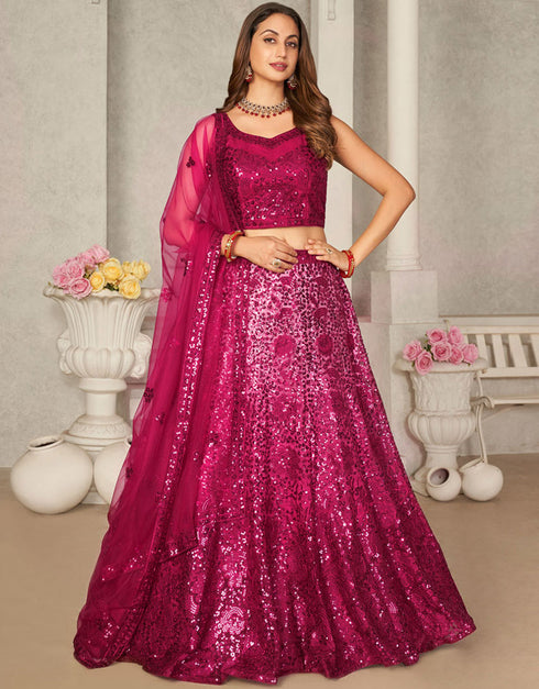Heavy Designer Wedding Wear Lehenga Choli Rani Pink Net Lehenga Choli Front View