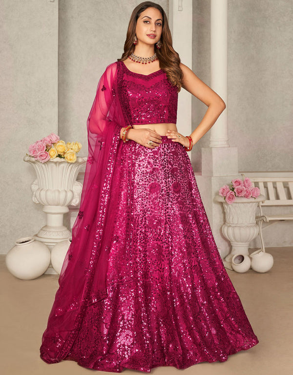 Heavy Designer Wedding Wear Lehenga Choli Rani Pink Net Lehenga Choli Front View