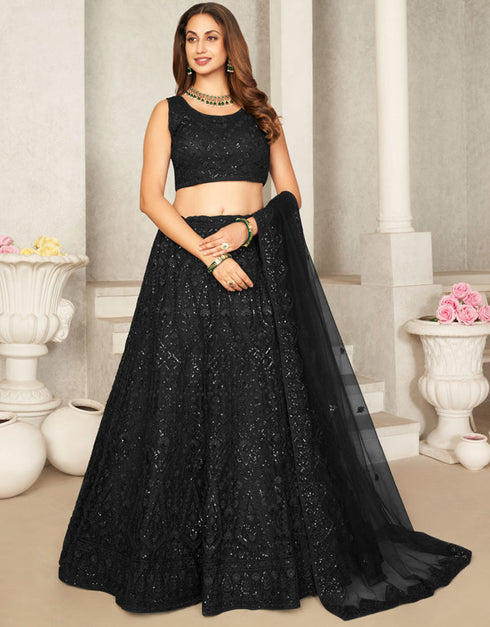 Heavy Designer Wedding Wear Lehenga Choli Black Net Lehenga Choli Front View