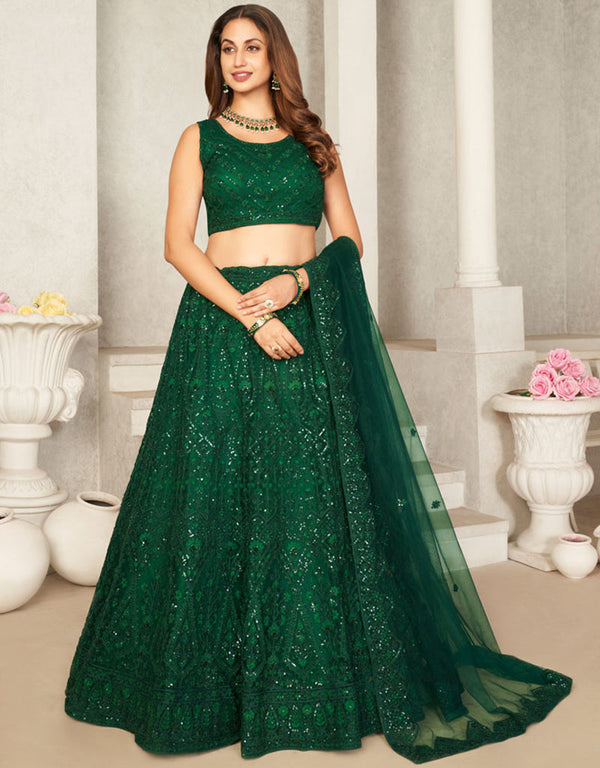 Heavy Designer Wedding Wear Lehenga Choli Green Net Lehenga Choli Front View