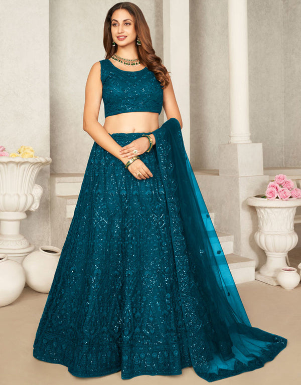 Heavy Designer Wedding Wear Lehenga Choli Teal Blue Net Lehenga Choli Front View