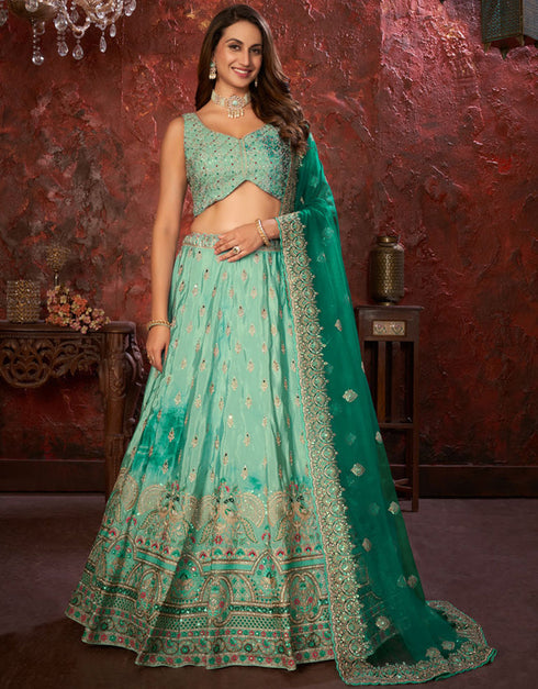 Heavy Designer Wedding Wear Lehenga Choli Sea Green Crepe Lehenga Choli Front View