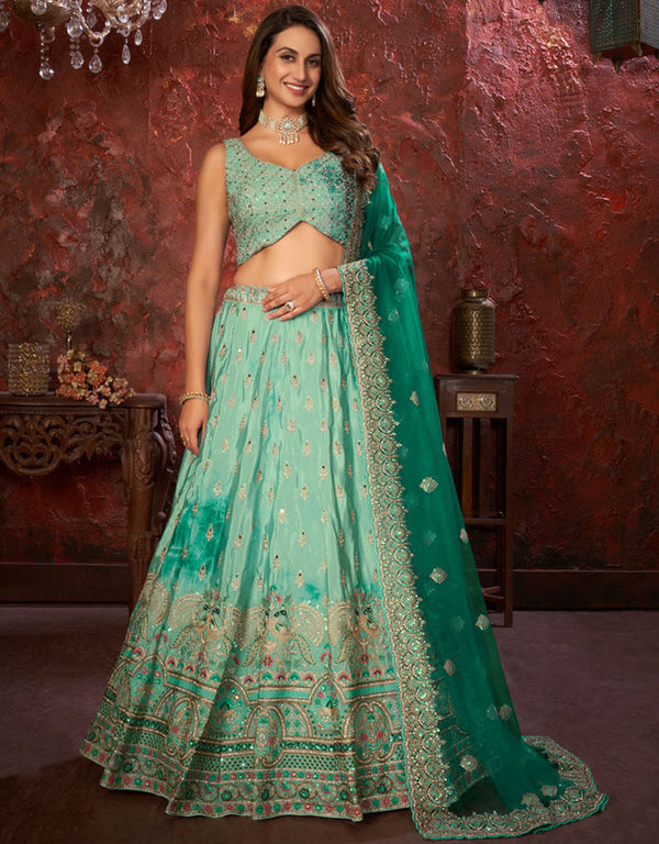 Heavy Designer Wedding Wear Lehenga Choli Sea Green Crepe Lehenga Choli Front View