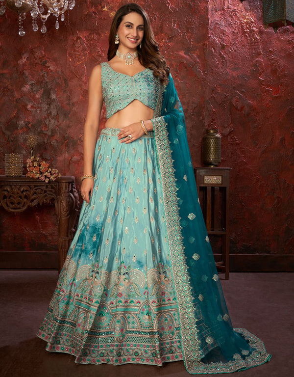 Heavy Designer Wedding Wear Lehenga Choli Turqoice Crepe Lehenga Choli Front View