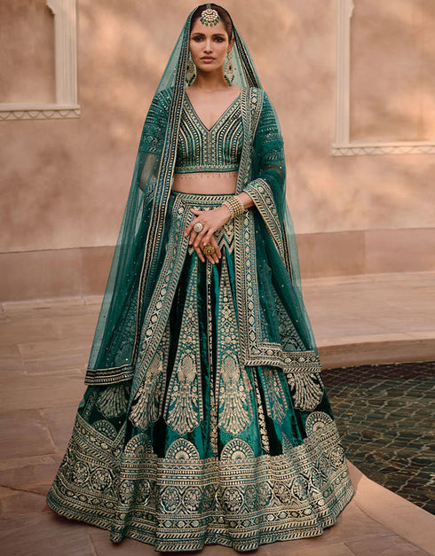 Heavy Designer Wedding Wear Lehenga Choli Rama Green Pure Viscose Lycra Crystal Silk Lehenga Choli Front View