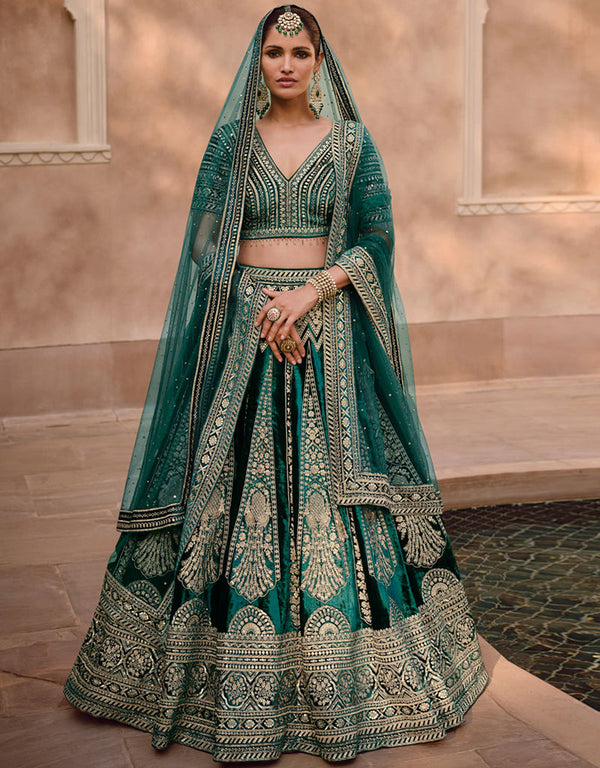 Heavy Designer Wedding Wear Lehenga Choli Rama Green Pure Viscose Lycra Crystal Silk Lehenga Choli Front View