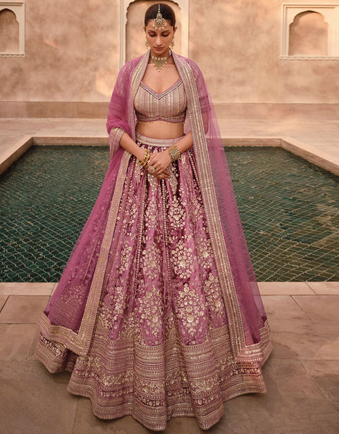 Heavy Designer Wedding Wear Lehenga Choli Flamingo Pink Pure Viscose Lycra Crystal Silk Lehenga Choli Front View