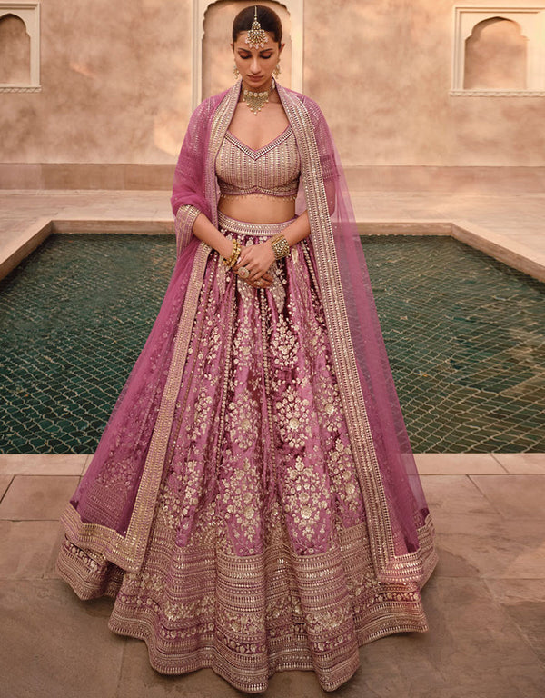 Heavy Designer Wedding Wear Lehenga Choli Flamingo Pink Pure Viscose Lycra Crystal Silk Lehenga Choli Front View