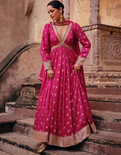 Trendy Designer Party Wear Gown With Dupatta Rani Pink Pure Viscose Jacquard Silk Gown Front View