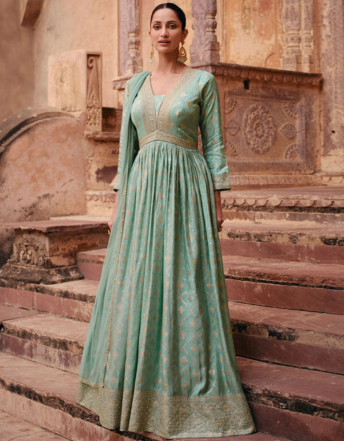 Trendy Designer Party Wear Gown With Dupatta Sea Green Pure Viscose Jacquard Silk Gown Front View