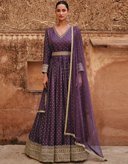 Trendy Designer Party Wear Gown With Dupatta Purple Pure Viscose Jacquard Silk Gown Front View