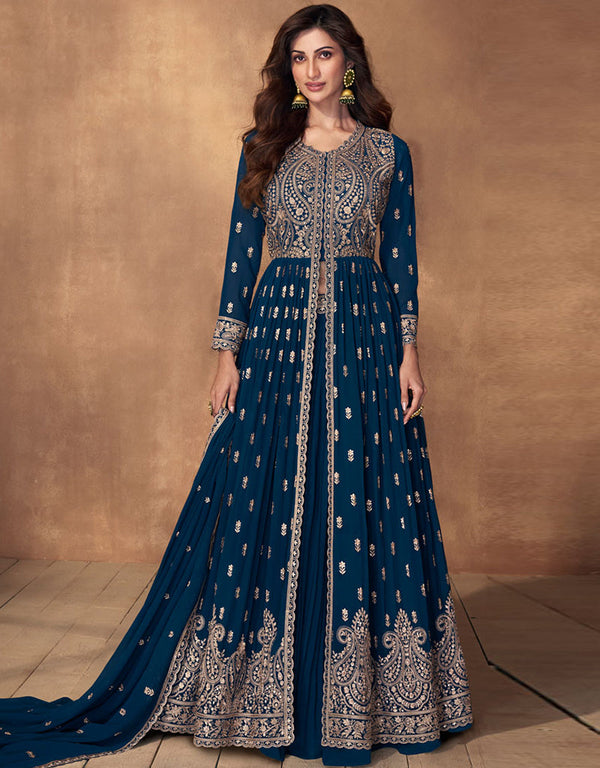 Heavy Designer Wedding Wear Georgette Salwar Suit Navy Blue Real Georgette Lehenga Anarkali Front View