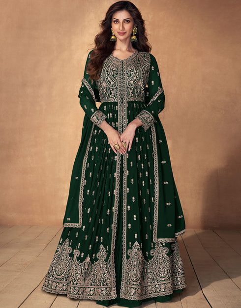 Heavy Designer Wedding Wear Georgette Salwar Suit Bottel Green Real Georgette Lehenga Anarkali Front View