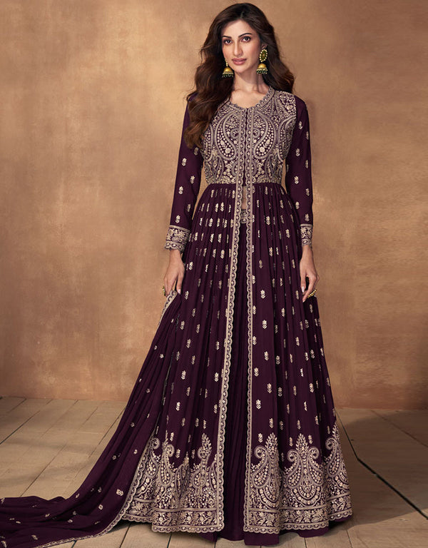 Heavy Designer Wedding Wear Georgette Salwar Suit Wine Real Georgette Lehenga Anarkali Front View