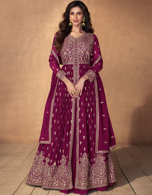 Heavy Designer Wedding Wear Georgette Salwar Suit Rani Pink Real Georgette Lehenga Anarkali Front View