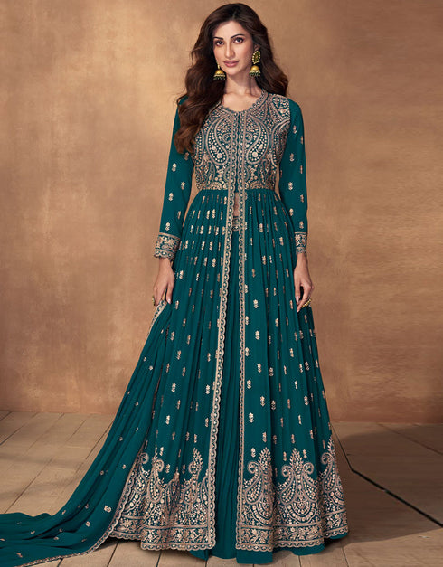 Heavy Designer Wedding Wear Georgette Salwar Suit Teal Blue Real Georgette Lehenga Anarkali Front View
