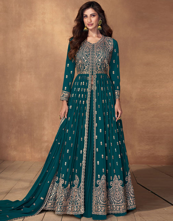 Heavy Designer Wedding Wear Georgette Salwar Suit Teal Blue Real Georgette Lehenga Anarkali Front View