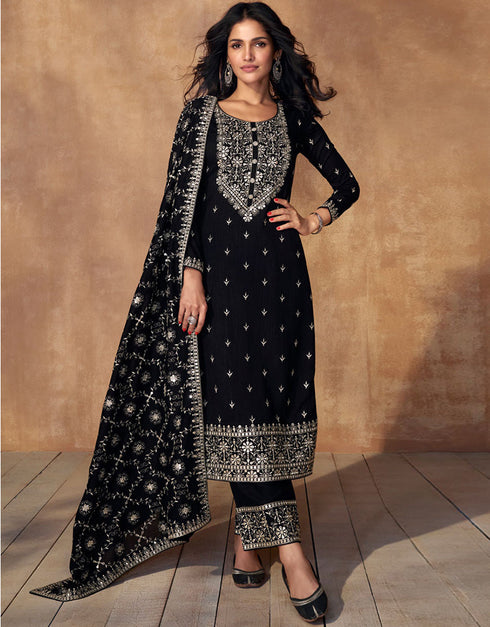 Heavy Designer Wedding Wear Georgette Salwar Suit Black Premium Silk Pant Straight Front View