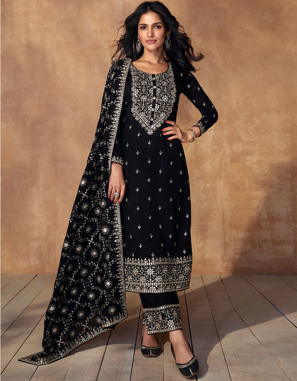 Heavy Designer Wedding Wear Georgette Salwar Suit Black Premium Silk Pant Straight Front View