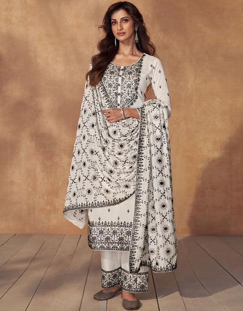 Heavy Designer Wedding Wear Georgette Salwar Suit White Premium Silk Pant Straight Front View