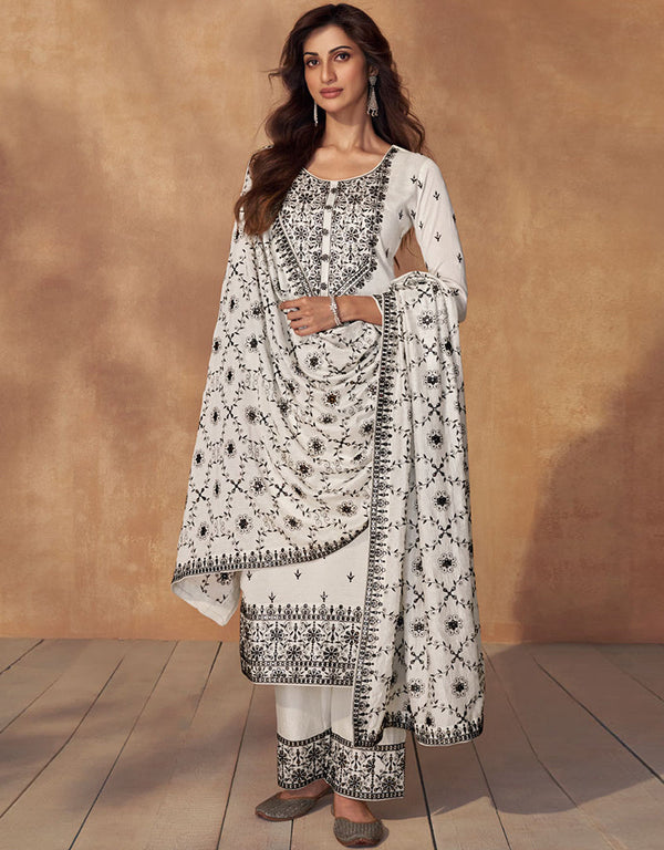 Heavy Designer Wedding Wear Georgette Salwar Suit White Premium Silk Pant Straight Front View