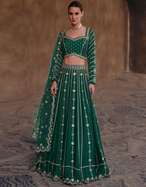 trendy bottle green real chinon silk trendy designer party wear choli lehenga with bottle green real chinon silk lilots-2327-5396 Front View